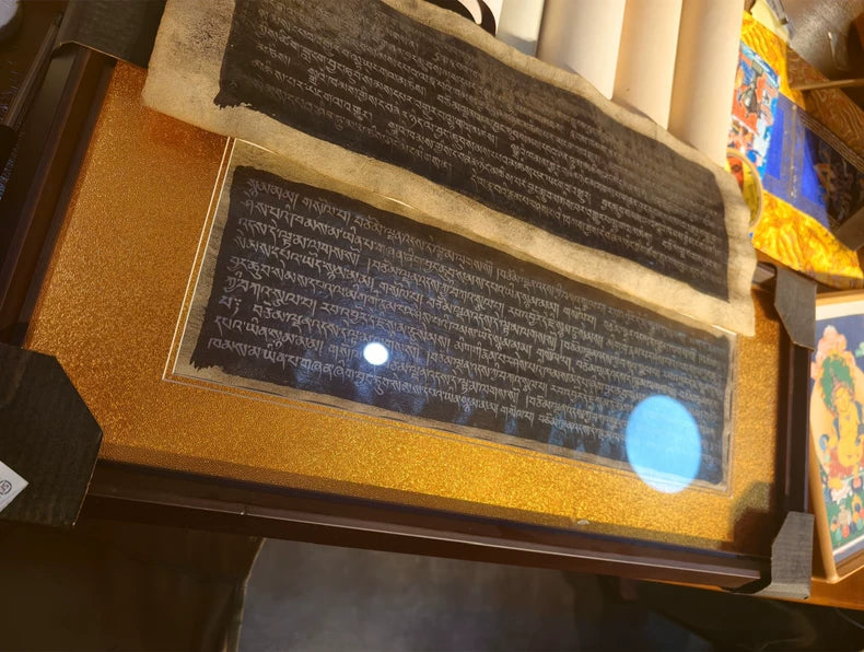Tibetan Buddhist Manuscript Folios — Framed Silver-Script Pages