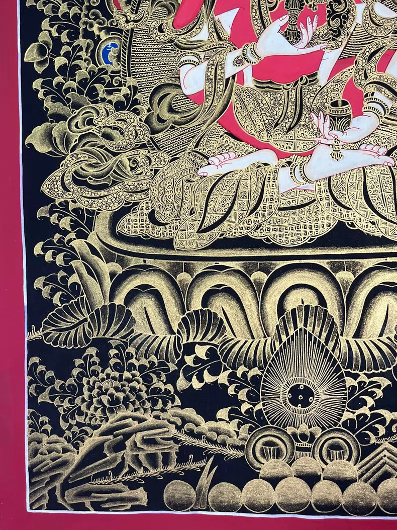 Lower-right robes and floral details — Black-and-gold Vajrasattva thangka