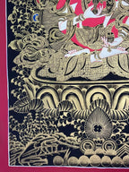 Lower-right robes and floral details — Black-and-gold Vajrasattva thangka