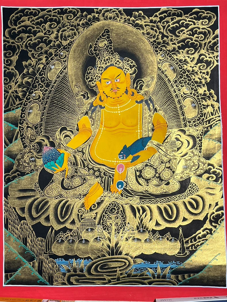 Hand-Painted Yellow Jambhala Thangka — Black & Gold