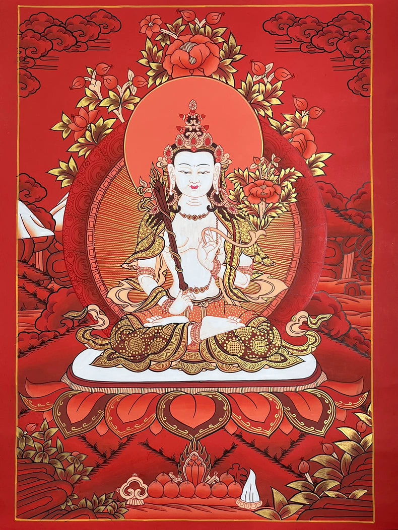 虛空藏菩薩唐卡 — 紅色花飾，60 × 42 公分