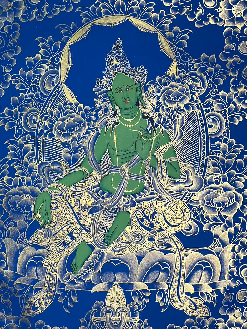 Seated Green Tara with floral halo — Blue-and-gold Green Tara thangka