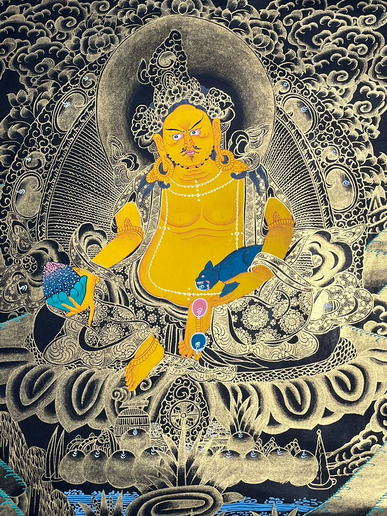 Hand-Painted Yellow Jambhala Thangka — Black & Gold
