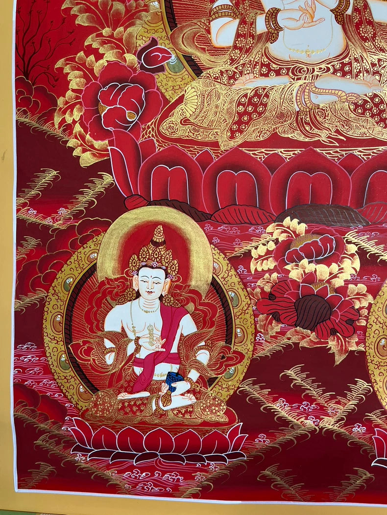 Lower-left figure beneath the lotus throne — Mahasthamaprapta thangka