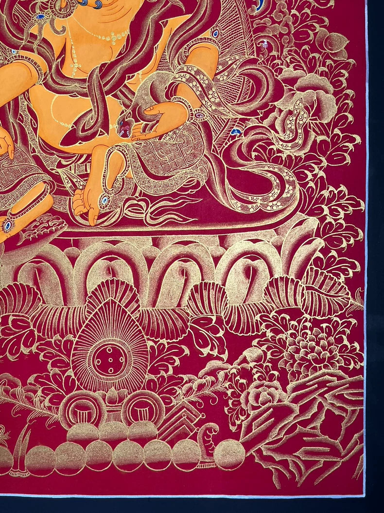 Hand-Painted Yellow Jambhala Thangka — Mineral Pigments & Gold