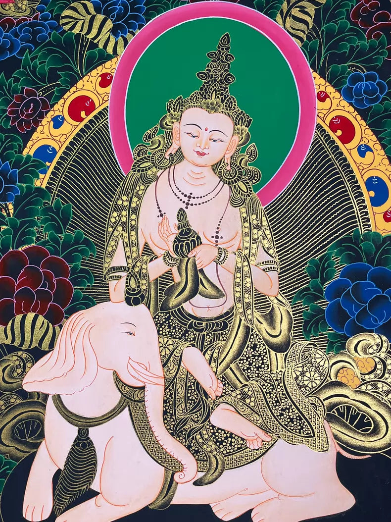 Face, crown and white elephant — Samantabhadra Bodhisattva thangka