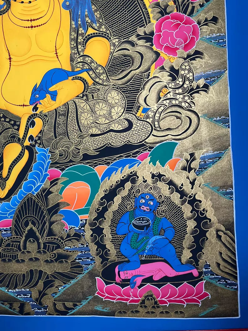 Hands, robes and lotus pedestal — Large Yellow Jambhala thangka