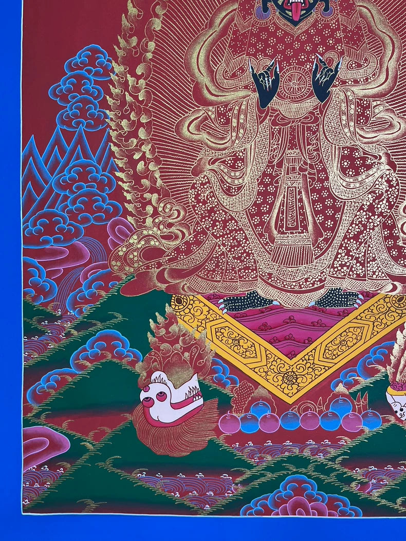 Lower-left robes, lotus and landscape — Red-and-gold Zaki Lhamo thangka