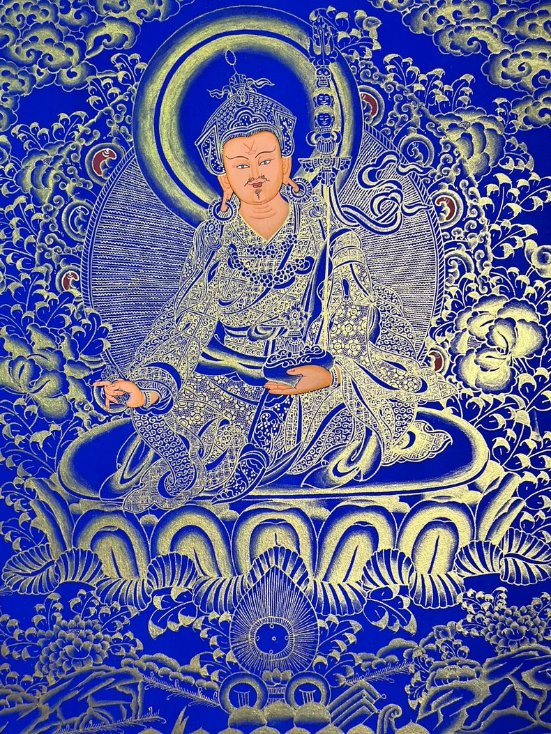 Hand-Painted Guru Rinpoche Thangka — Lapis Blue & Gold