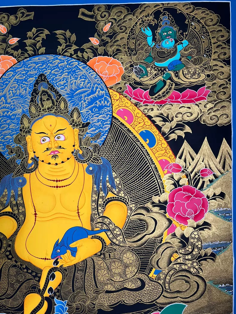 Upper-right figure, flowers and halo — Large Yellow Jambhala thangka