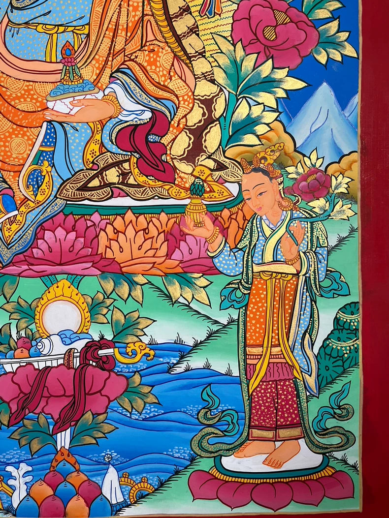 Right attendant beside the pink lotus throne — Colorful Padmasambhava thangka
