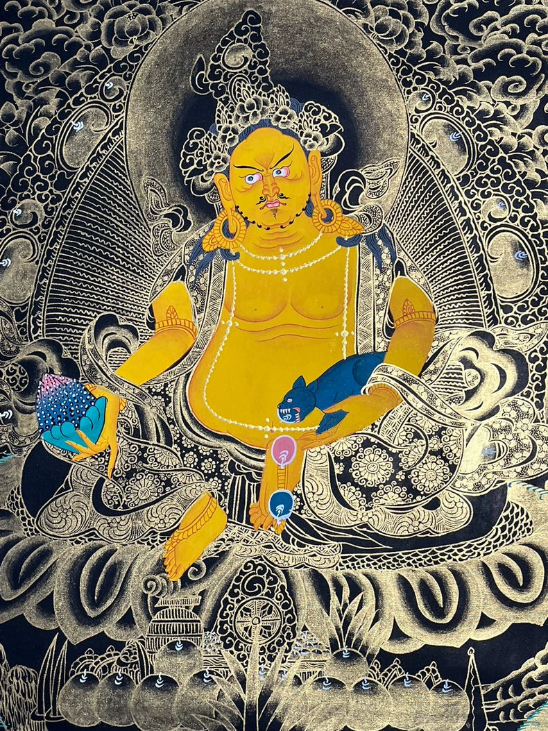 Hand-Painted Yellow Jambhala Thangka — Black & Gold