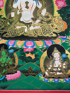 Lower lotus and two surrounding figures — Large green-halo Vajrasattva thangka