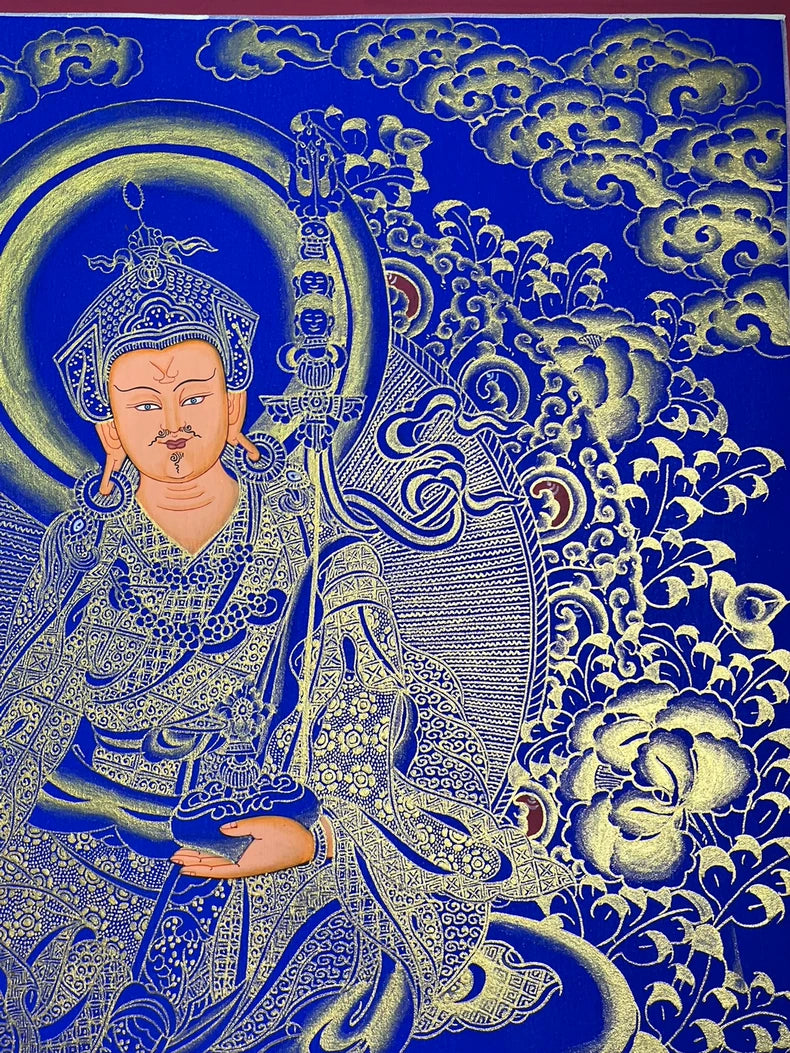 Hand-Painted Guru Rinpoche Thangka — Lapis Blue & Gold
