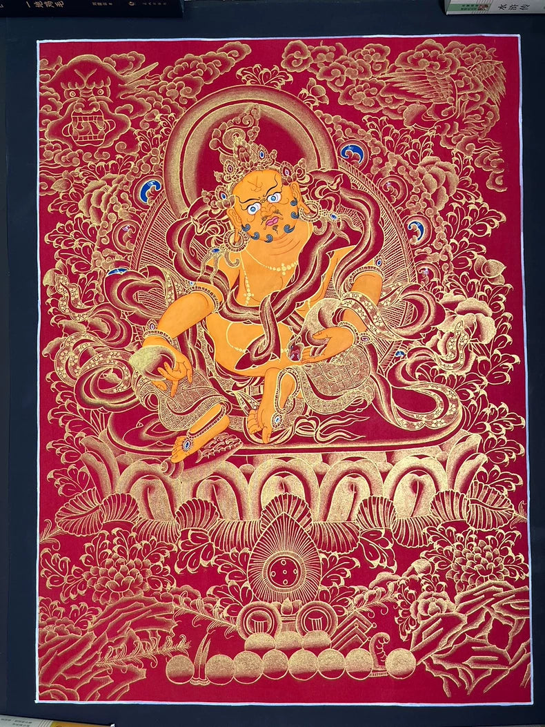 Hand-Painted Yellow Jambhala Thangka — Mineral Pigments & Gold