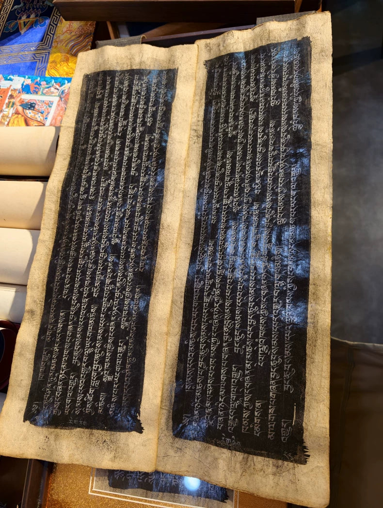 Tibetan Buddhist Manuscript Folios — Framed Silver-Script Pages