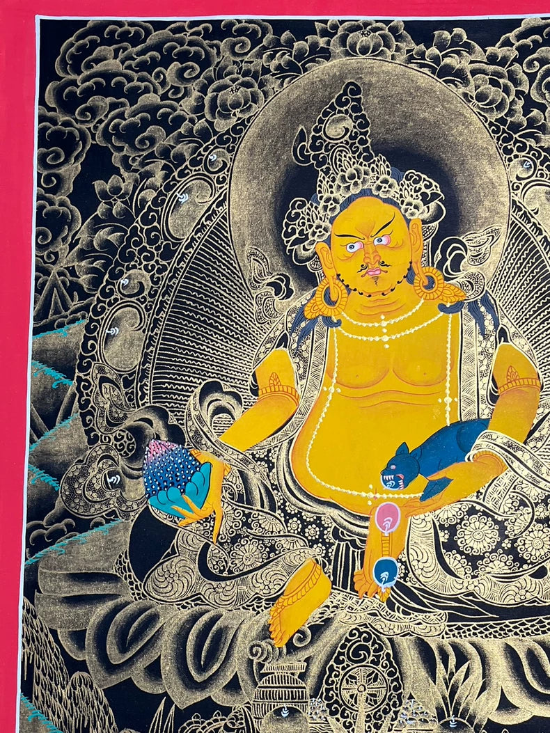 Hand-Painted Yellow Jambhala Thangka — Black & Gold