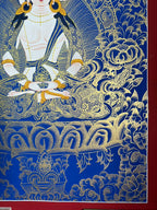 Lower-left robes and lotus pedestal — Blue-and-gold Mahavairocana thangka