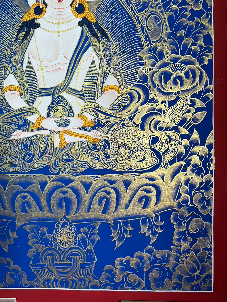 Lower-left robes and lotus pedestal — Blue-and-gold Mahavairocana thangka