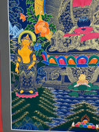 Left attendant beside the lotus throne — Large Amitabha Buddha thangka