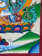 Hand, robes and left-side landscape — White Tara landscape thangka