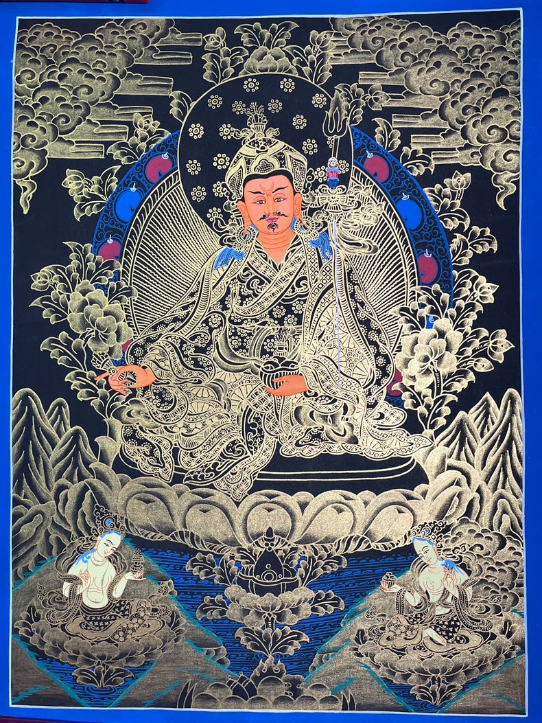 Hand-Painted Guru Rinpoche Thangka — Black & Gold Landscape