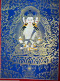 Full blue-ground painting with a white seated figure — Blue-and-gold Mahavairocana thangka
