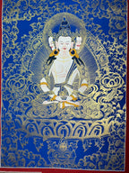 Full blue-ground painting with a white seated figure — Blue-and-gold Mahavairocana thangka