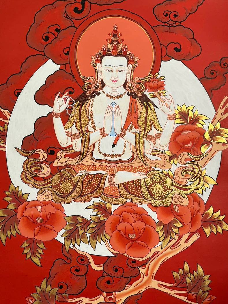 Four-armed figure and surrounding red flowers — Red Four-Armed Avalokiteshvara thangka