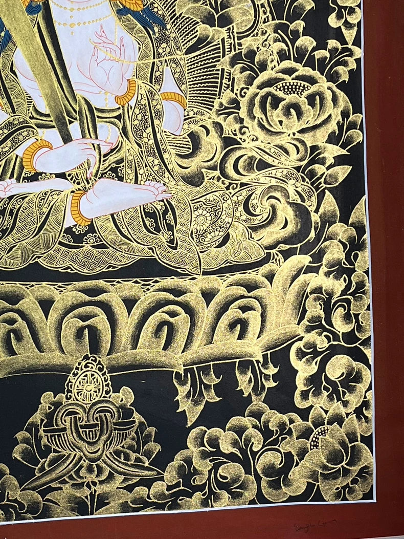右下方蓮花與花卉 — 黑金虛空藏菩薩唐卡