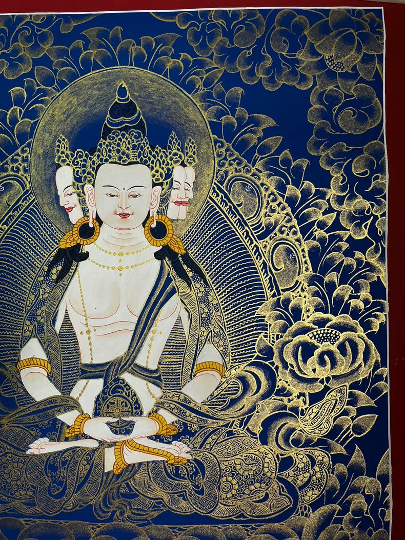 Upper-right flowers and halo — Blue-and-gold Mahavairocana thangka