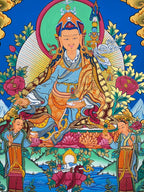 Seated figure, green halo and pink lotus throne — Colorful Padmasambhava thangka
