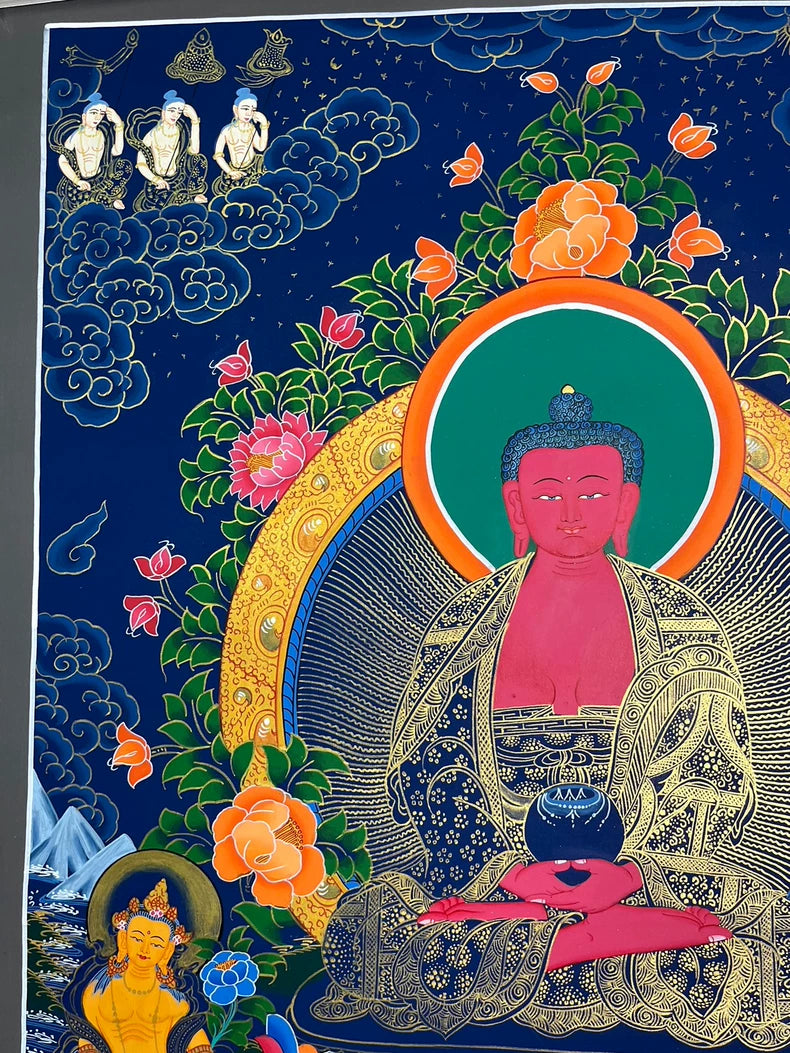 Upper-left figures, flowers and halo — Large Amitabha Buddha thangka