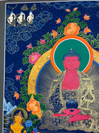 Upper-left figures, flowers and halo — Large Amitabha Buddha thangka
