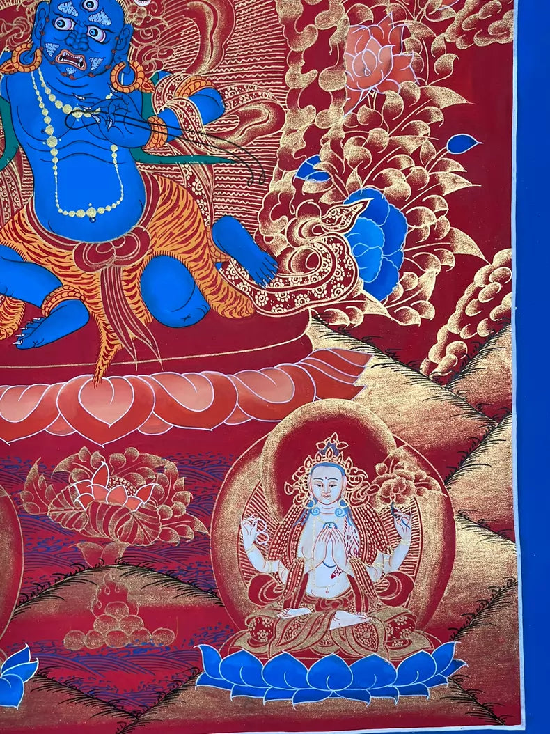 Lower composition with white figure and floral details — Red-ground Acala thangka