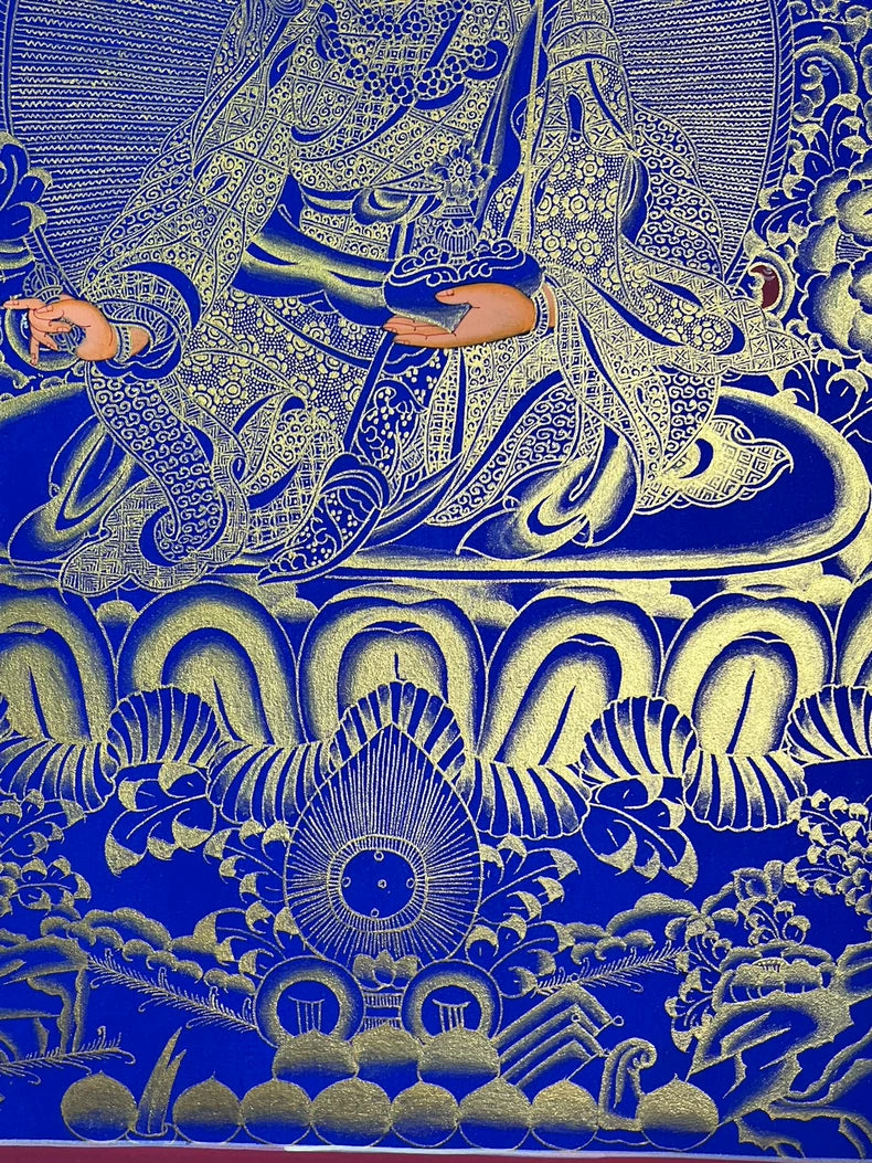 Hand-Painted Guru Rinpoche Thangka — Lapis Blue & Gold