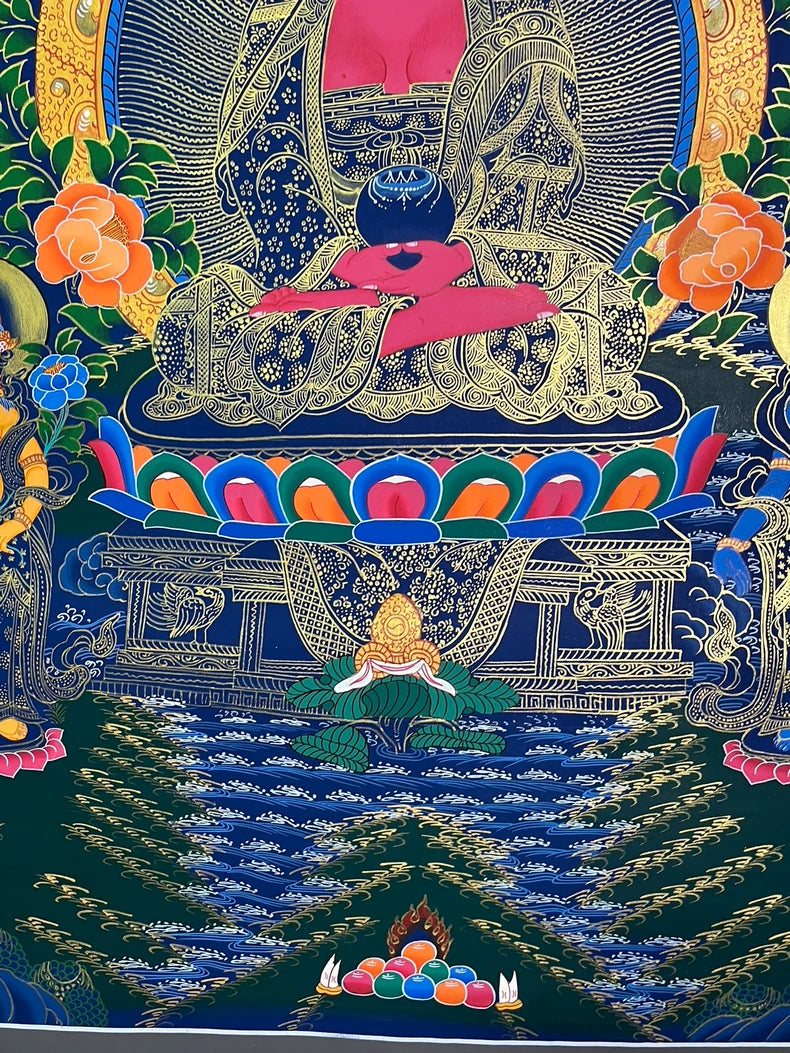 下方蓮座與藍色水景 — 大型阿彌陀佛唐卡