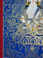 Torso, hands and lotus pedestal — Blue-and-gold Mahavairocana thangka