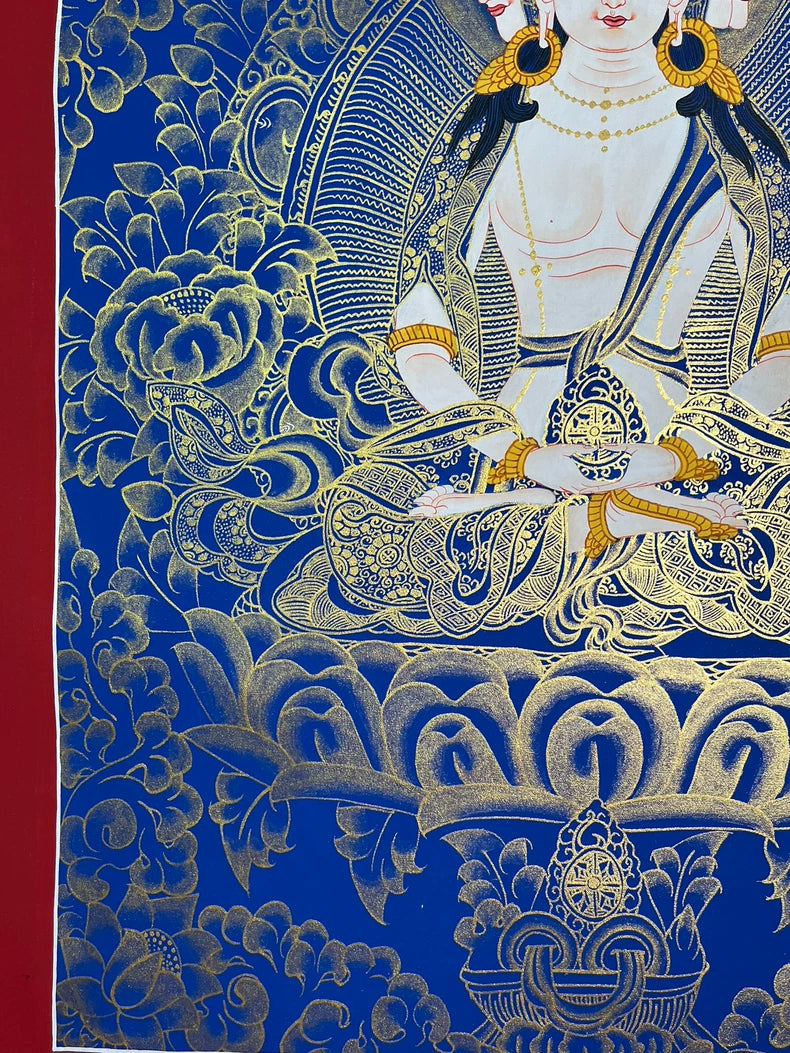 Torso, hands and lotus pedestal — Blue-and-gold Mahavairocana thangka
