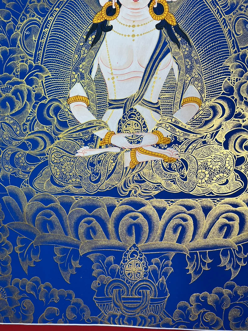 Lower-right robes and lotus petals — Blue-and-gold Mahavairocana thangka