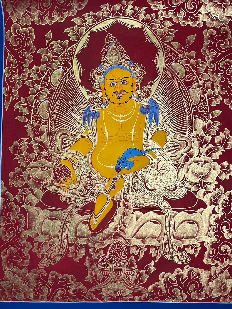 Full red composition with yellow figure and pale floral linework — Red-ground Yellow Jambhala thangka