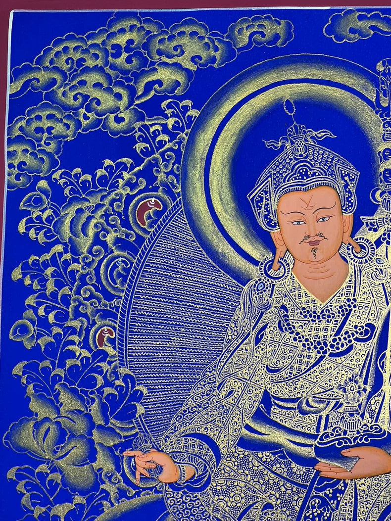 Hand-Painted Guru Rinpoche Thangka — Lapis Blue & Gold