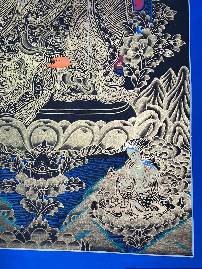Hand-Painted Guru Rinpoche Thangka — Black & Gold Landscape