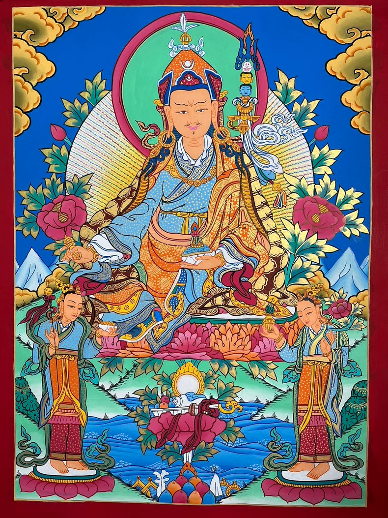 彩繪蓮花生大士唐卡｜蓮花寶座與花飾背光