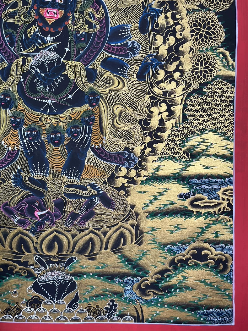 Lower-right feet, lotus and landscape — Black-and-gold Mahakala thangka