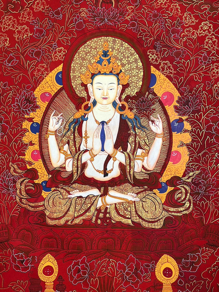 White four-armed figure and gold halo on red — Red floral Four-Armed Avalokiteshvara thangka