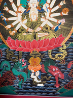 Lower lotus and two smaller figures — Cundi Bodhisattva thangka