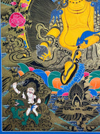Lower-left lotus and smaller figure — Large Yellow Jambhala thangka