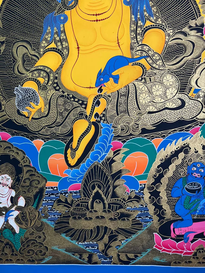 右下方蓮花與藍色小型造像 — 黃財神唐卡