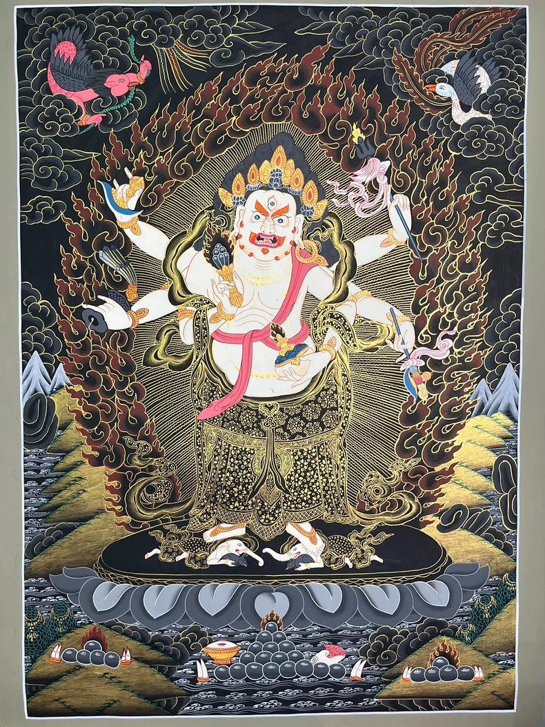 Full black-ground painting with a white six-armed figure — White Six-Armed Mahakala thangka